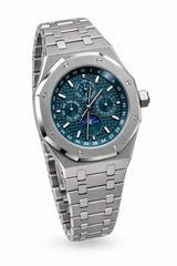 The "Classic Oak Perpetual Calendar" Silver & Monochromatic Navy Tapisserie Steel