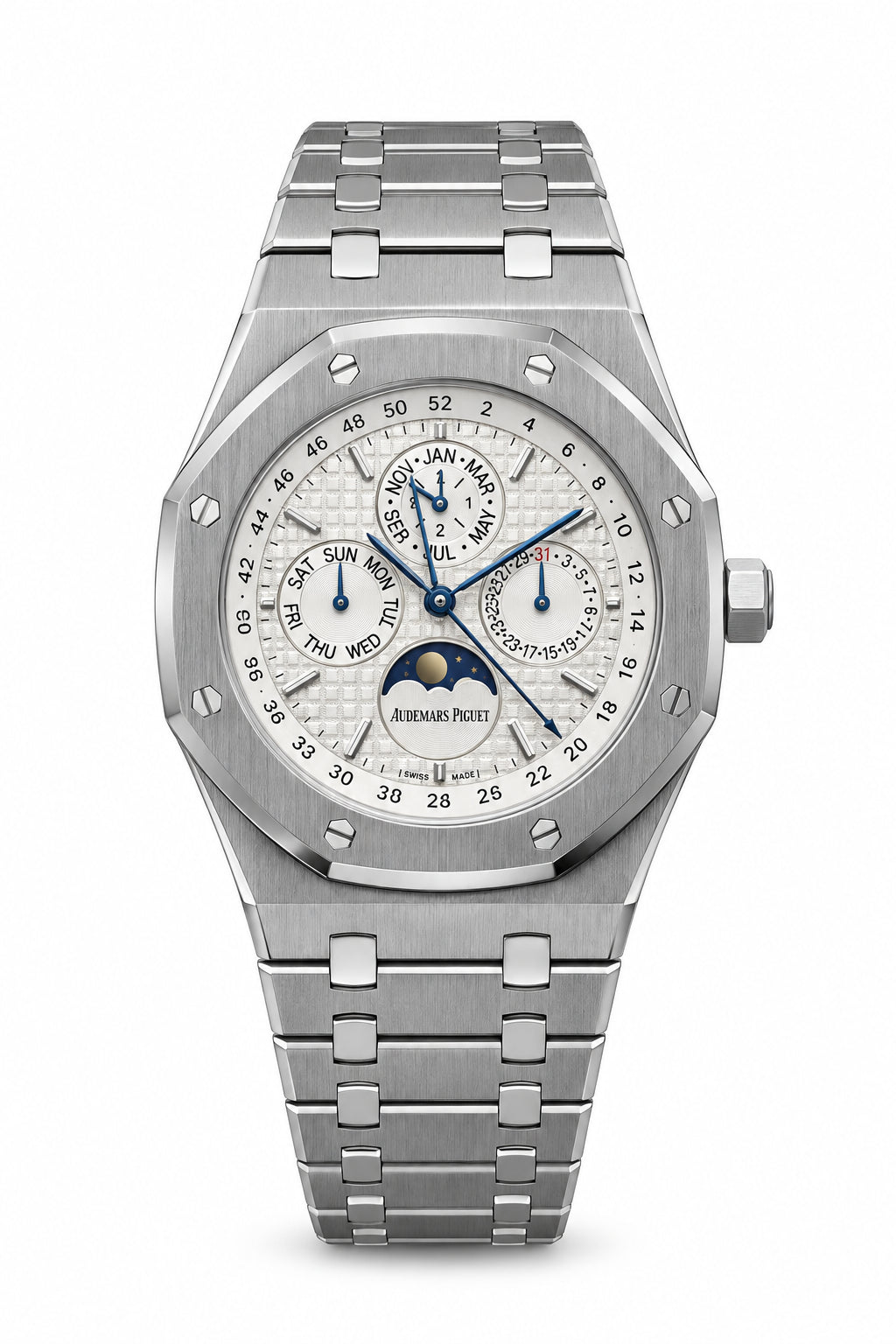 The "Classic Oak Perpetual Calendar" Silver & Ice Silver Tapisserie Steel Bracelet