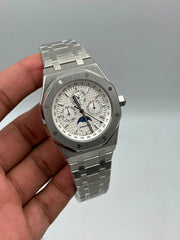 The "Classic Oak Perpetual Calendar" Silver & Ice Silver Tapisserie Steel Bracelet