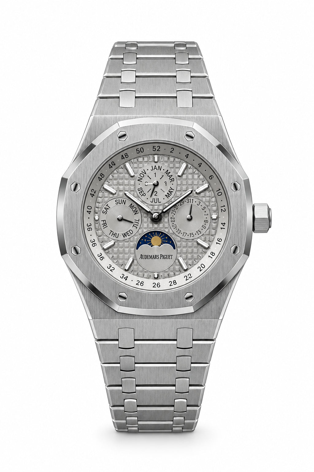 The "Classic Oak Perpetual Calendar" Silver & Slate Grey Tapisserie Steel Bracelet