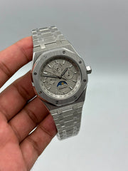 The "Classic Oak Perpetual Calendar" Silver & Slate Grey Tapisserie Steel Bracelet