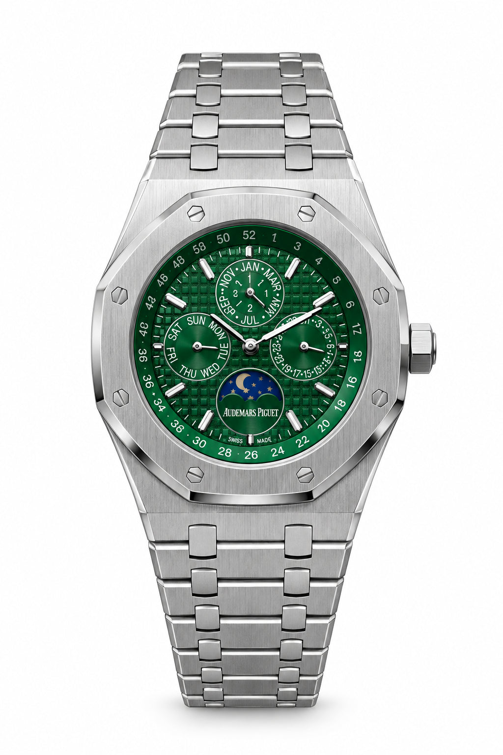The "Classic Oak Perpetual Calendar" Silver & Emerald Tapisserie Steel Bracelet