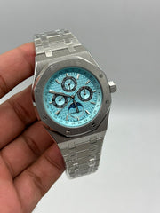 The "Classic Oak Perpetual Calendar" Silver & Ice Blue Tapisserie Steel