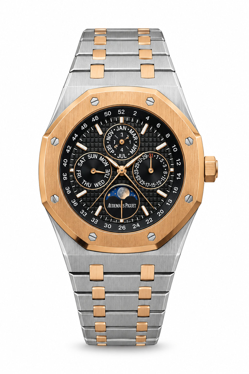 The "Classic Oak Perpetual Calendar" Two-Tone Rose Gold & Onyx Tapisserie Bracelet