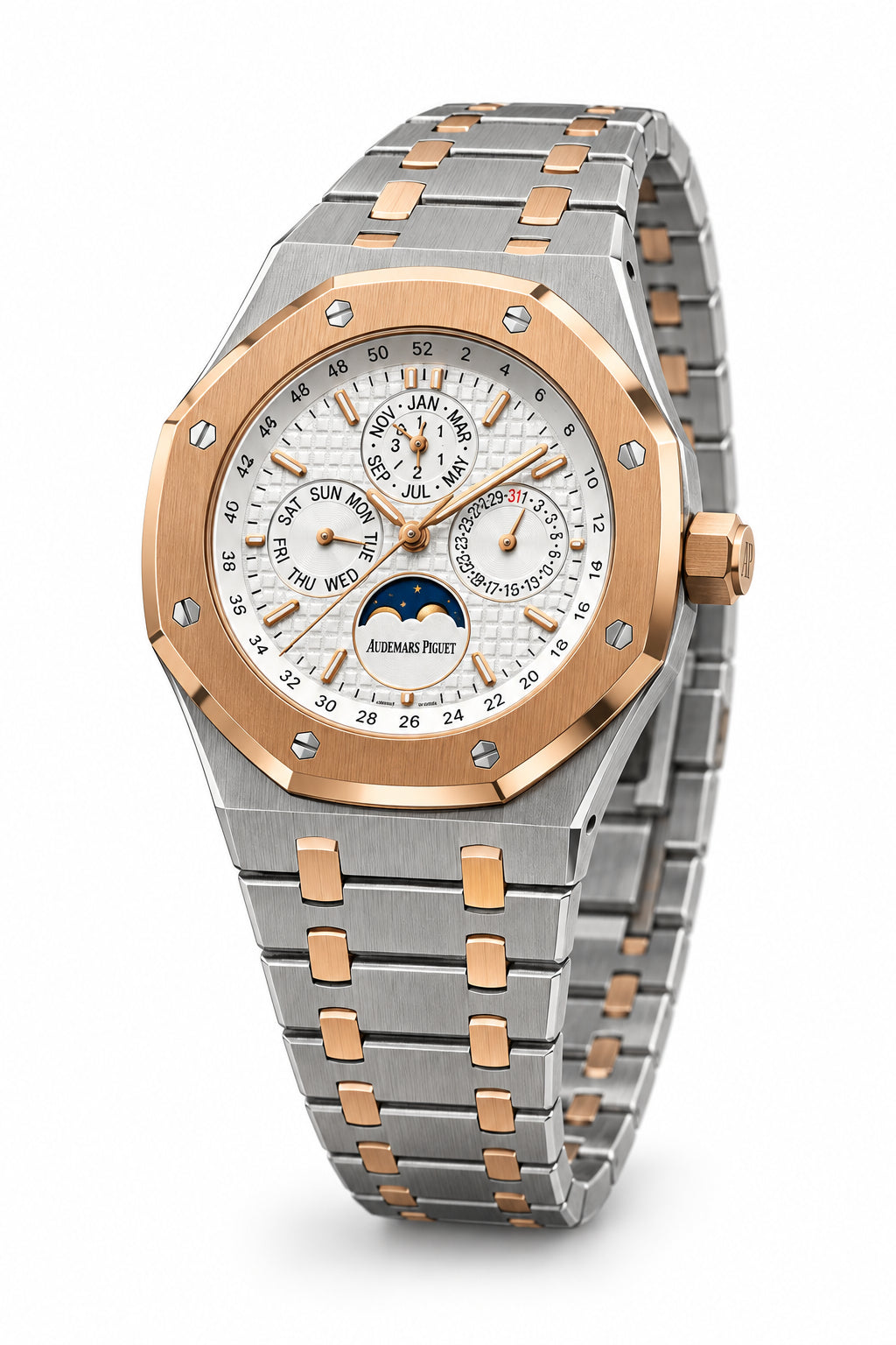 The "Classic Oak Perpetual Calendar" Two-Tone Rose Gold & Ice Silver Tapisserie Bracelet