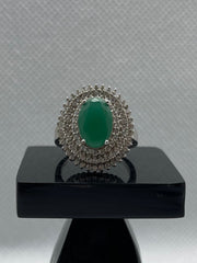 925 Silver Ring with Big Oval Green Stone & Zircon Border