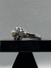 925 Silver Flower Ring with Pearl Center & Zircon Accents
