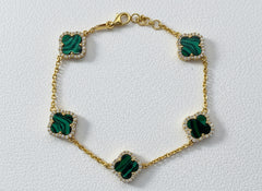 Van Cleef-Inspired Alhambra Green Malachite Bracelet – Gold Plated 925 Silver with Zircon Border
