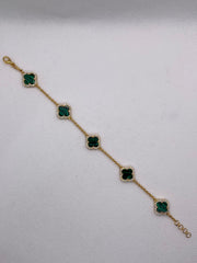 Van Cleef-Inspired Alhambra Green Malachite Bracelet – Gold Plated 925 Silver with Zircon Border
