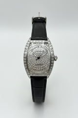 Silver Diamond Tonneau Custom Watch – Baguette Dial & Black Leather Strap