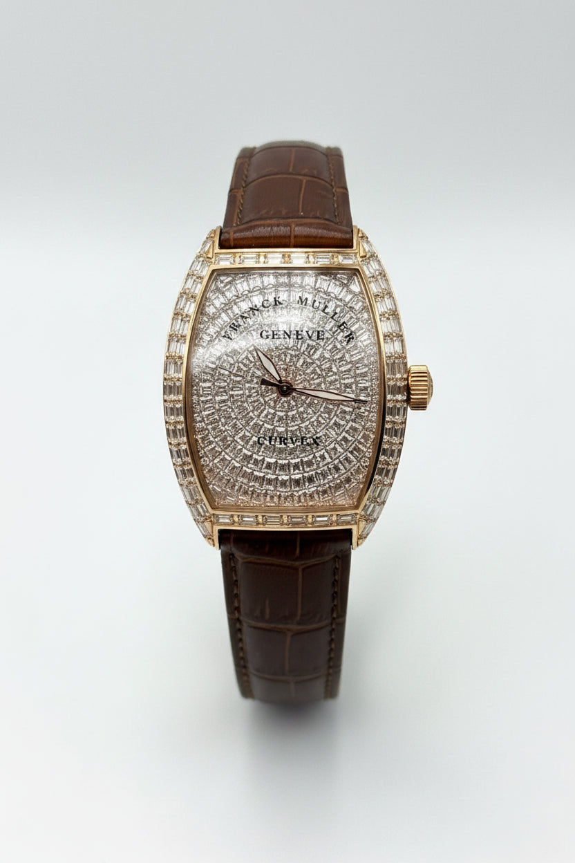 Rose Gold Diamond Tonneau Custom Watch – Baguette Dial & Brown Leather Strap