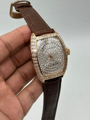 Rose Gold Diamond Tonneau Custom Watch – Baguette Dial & Brown Leather Strap
