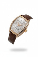 Rose Gold Diamond Tonneau Custom Watch – Baguette Dial & Brown Leather Strap
