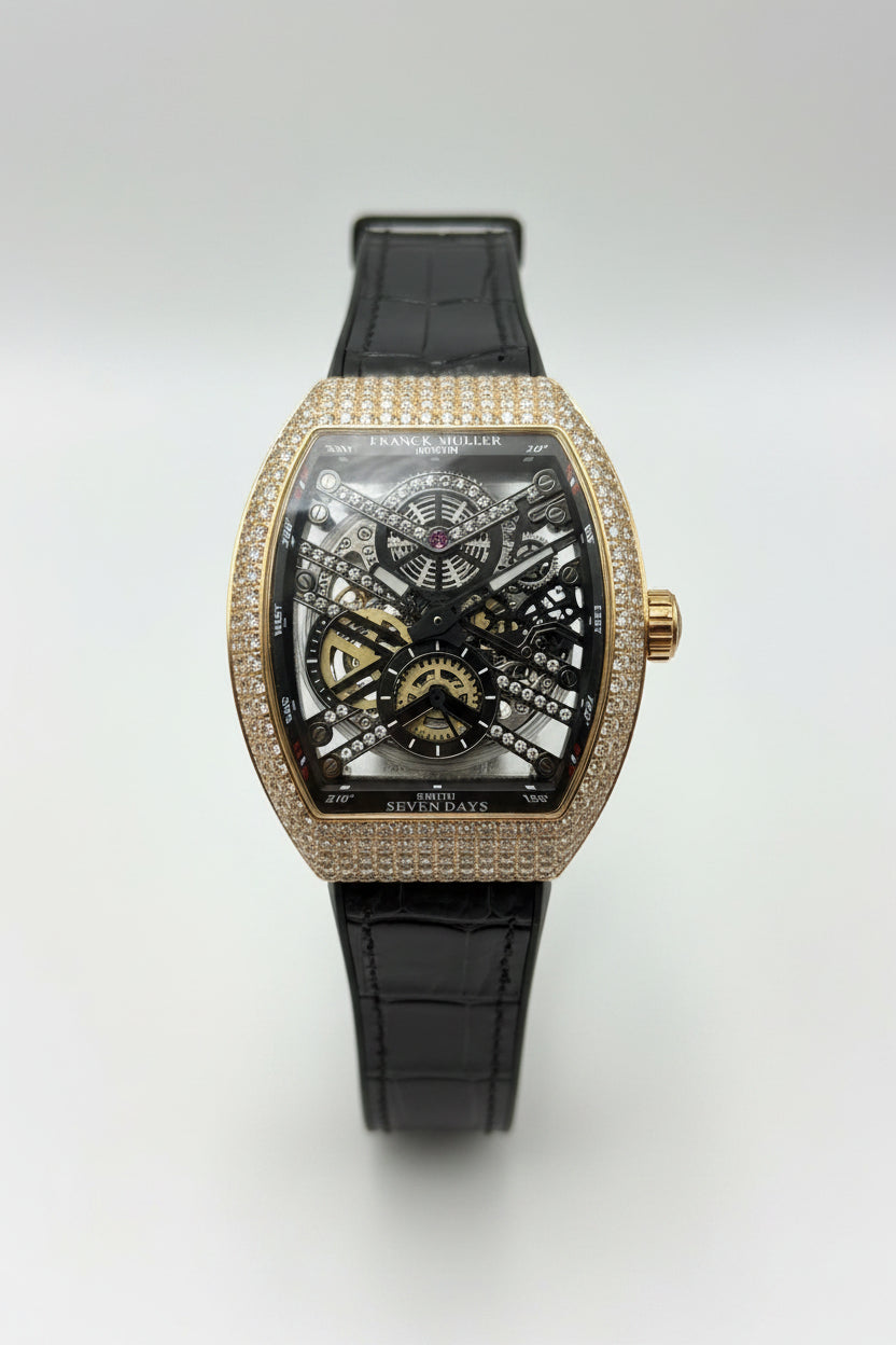 Diamond Rose Gold Vanguard Tonneau Custom Watch – Skeleton Tourbillon Dial