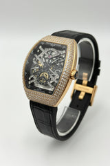 Diamond Rose Gold Vanguard Tonneau Custom Watch – Skeleton Tourbillon Dial