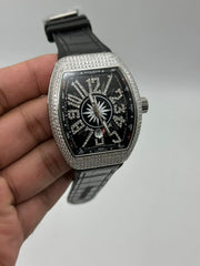 Diamond Silver Vanguard Tonneau Watch – Black Yachting Dia