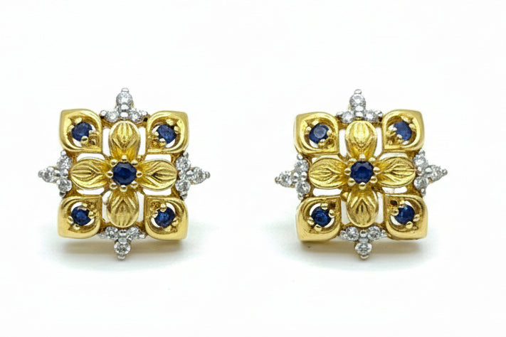 Four-Side Leaf Tops – Blue Stone & Zircon | Gold-Plated 925 Silver