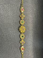 Seven-Flower Chain Bracelet – Red, Green & Purple Stones | Gold-Plated Silver 925 | Time N Treasure