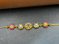 Five-Flower Chain Bracelet – Gold-Plated 925 Silver with Red, Blue & Zircon Stones | Time N Treasure