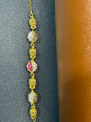 Gold-Plated Silver Bracelet – Floral Leaf & Ball Design with Red, Purple & Zircon Stones | Time N Treasure