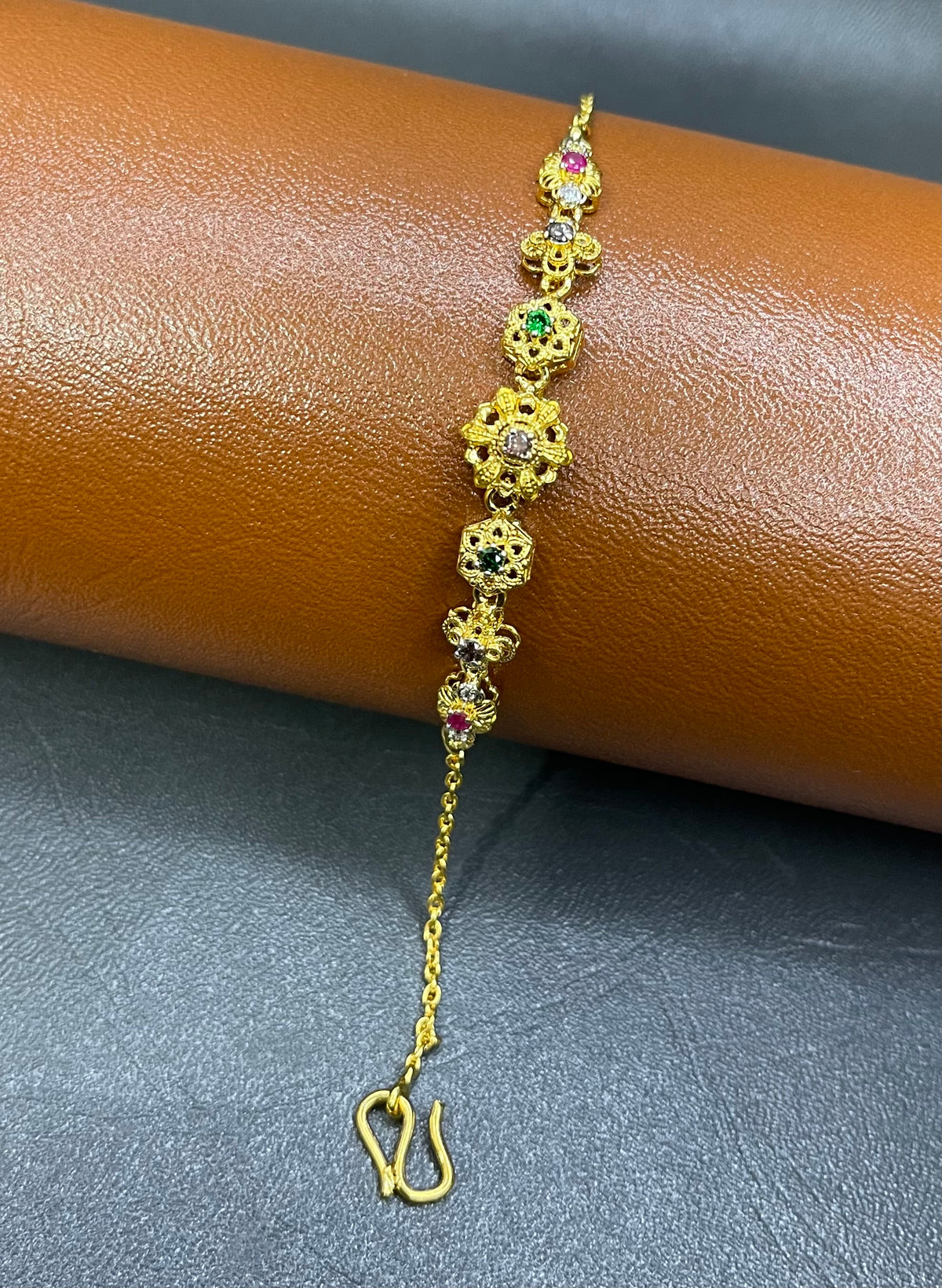 Seven-Flower Chain Bracelet – Red, Green & Purple Stones | Gold-Plated Silver 925 | Time N Treasure