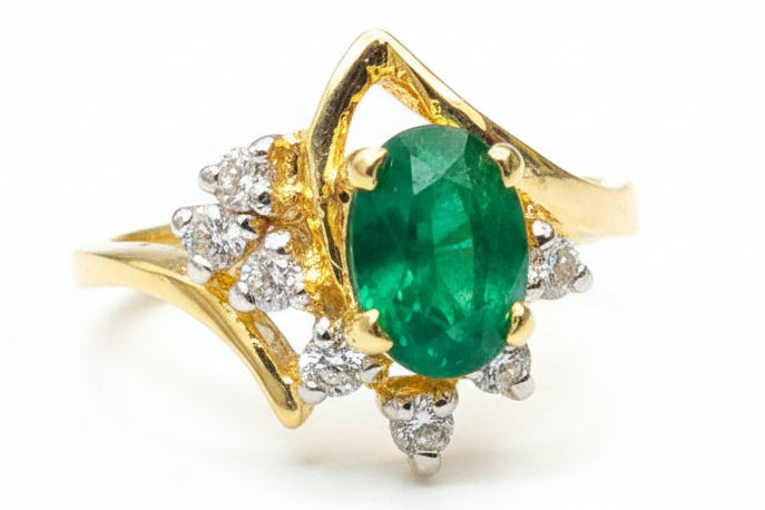 Gold Plated Silver Oval Emerald & Zirconia Halo Bypass Ring