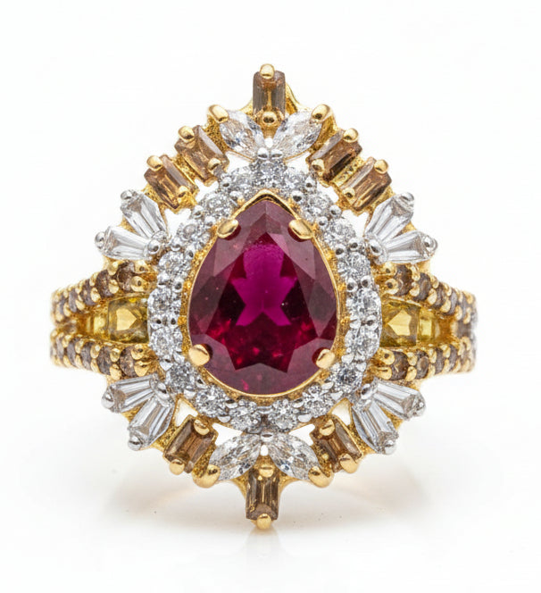 Royal Pear-Cut Ruby Ring with Sunburst Zirconia Halo | Time N Treasure
