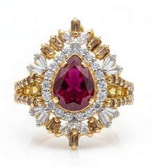 Royal Pear-Cut Ruby Ring with Sunburst Zirconia Halo | Time N Treasure