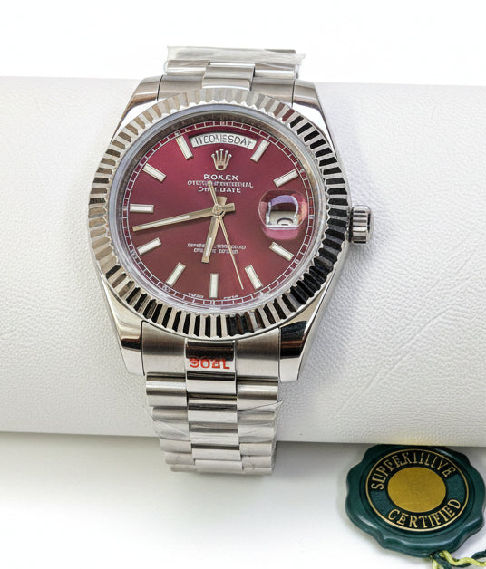 Stainless Steel Midnight Cherry Day-Date Custom Watch | Time N Treasure