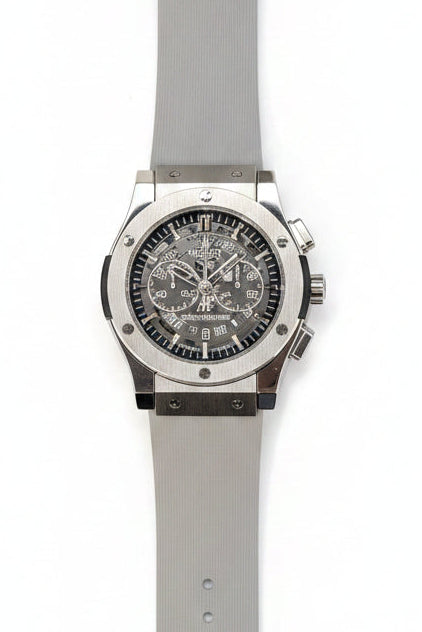 Silver Quartz Chronograph Watch – Grey Skeleton Dial & Rubber Strap | Time N Treasure