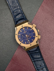 Rose Gold Quartz Chronograph Watch – Blue Dial & Alligator Strap | Time N Treasure