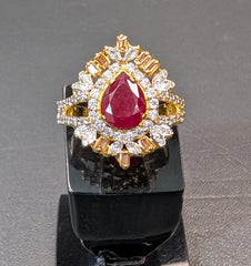 Royal Pear-Cut Ruby Ring with Sunburst Zirconia Halo | Time N Treasure